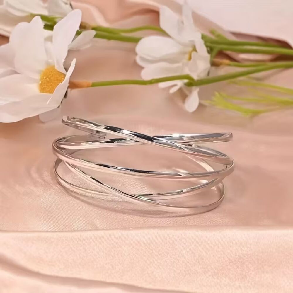 Wide Multi Layer Silver Cuff Bracelet Adjustable Open End Sleek Shiney Layer